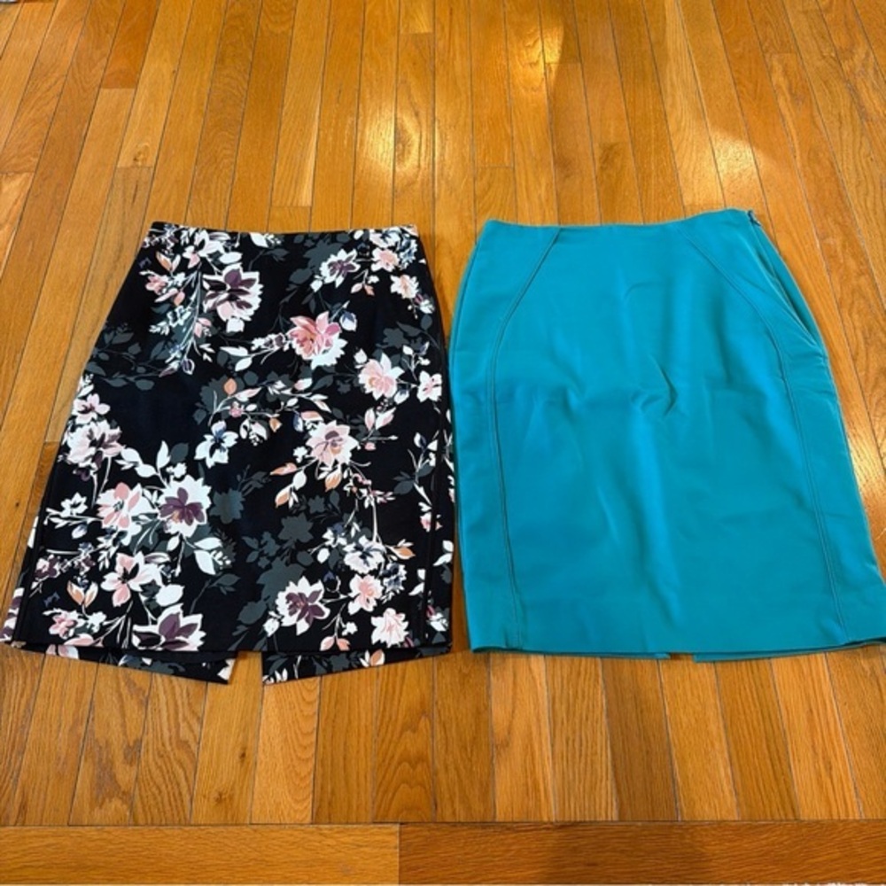 2 White House Black Market Straight Pencil Skirts Sz 4 Floral Print & Teal Blue